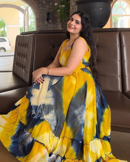 Elegant Yellow Color Georgette Digital Printed Gown