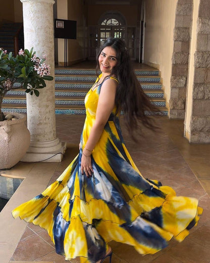 Elegant Yellow Color Georgette Digital Printed Gown