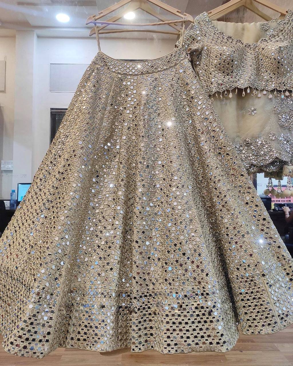 Classic Cream Color Satin Silk Real Mirror Embroidered Work Lehenga Chol