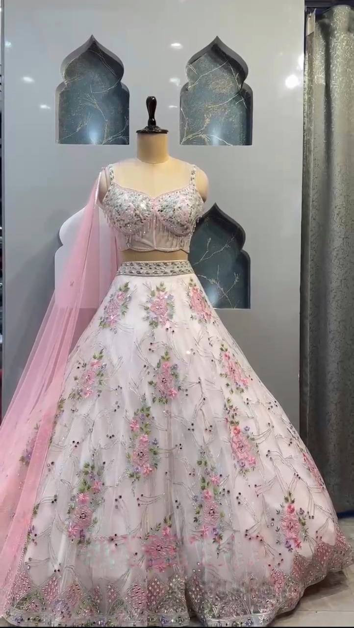 Designer Organza Silk Mirror Sequence Work Lehenga Choli For Wedding Wear