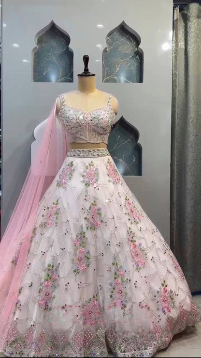 Designer Organza Silk Mirror Sequence Work Lehenga Choli For Wedding Wear