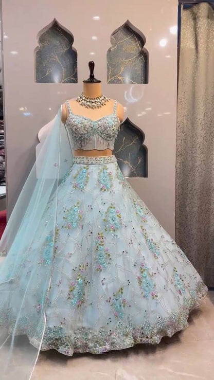 Designer Organza Silk Mirror Sequence Work Lehenga Choli For Wedding Wear