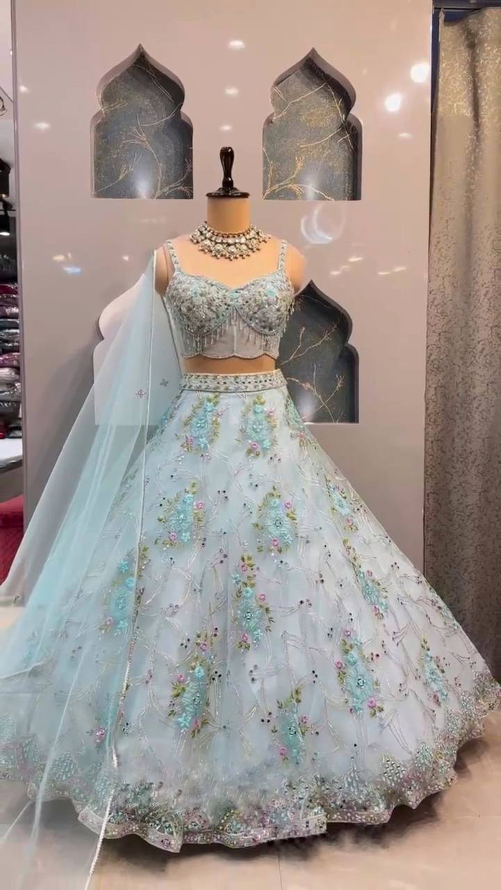 Designer Organza Silk Mirror Sequence Work Lehenga Choli For Wedding Wear