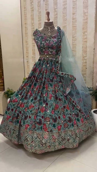Gorgeous Aqua Blue Color Georgette Printed Sequence Work Lehenga Choli