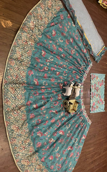 Gorgeous Aqua Blue Color Georgette Printed Sequence Work Lehenga Choli