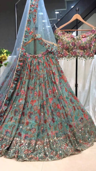 Gorgeous Aqua Blue Color Georgette Printed Sequence Work Lehenga Choli