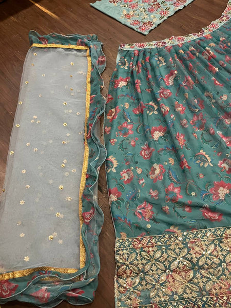 Gorgeous Aqua Blue Color Georgette Printed Sequence Work Lehenga Choli