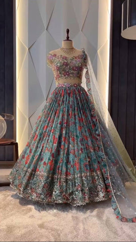 Gorgeous Aqua Blue Color Georgette Printed Sequence Work Lehenga Choli