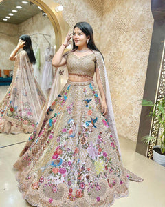 Latest Cream Color 4 Meter Satin Silk Sequence Work Wedding Wear Lehenga Choli