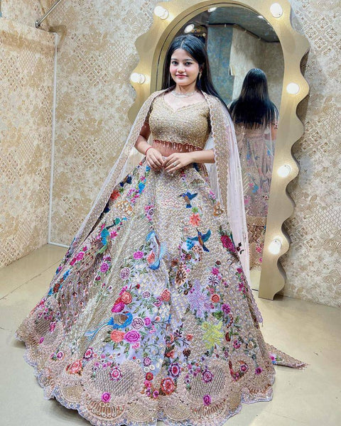 Latest Cream Color 4 Meter Satin Silk Sequence Work Wedding Wear Lehenga Choli