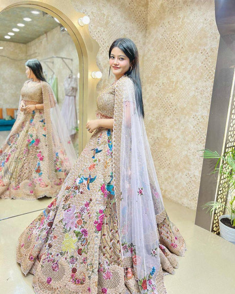 Latest Cream Color 4 Meter Satin Silk Sequence Work Wedding Wear Lehenga Choli