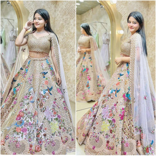 Latest Cream Color 4 Meter Satin Silk Sequence Work Wedding Wear Lehenga Choli