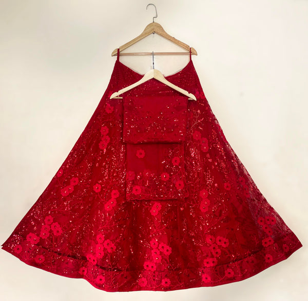 Red Net Latest Lehenga Embroidery Work