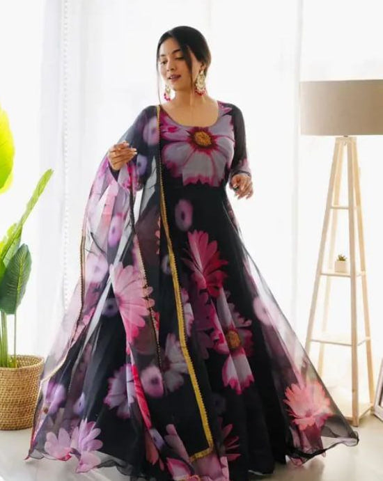 Latest Black Color Ready Made Georgette Printed Gown Dupatta