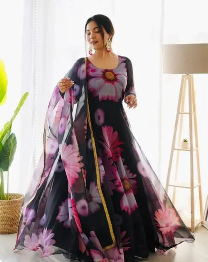 Latest Black Color Ready Made Georgette Printed Gown Dupatta