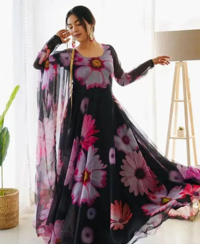 Latest Black Color Ready Made Georgette Printed Gown Dupatta