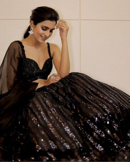 Black Georgette Semi Stitched Lehenga For Women