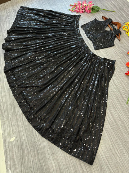 Black Georgette Semi Stitched Lehenga For Women