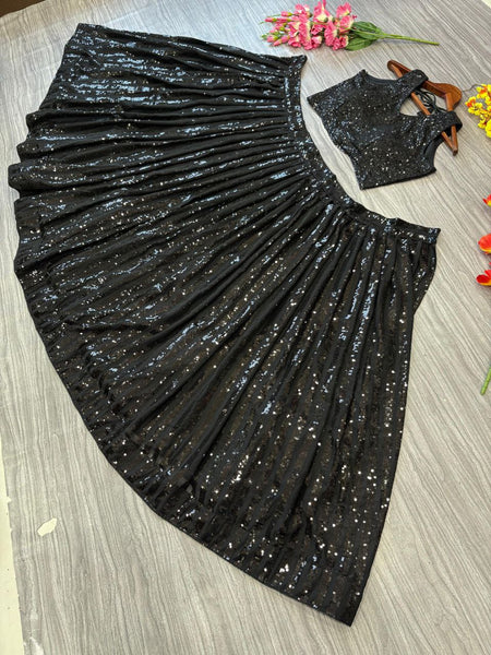 Black Georgette Semi Stitched Lehenga For Women