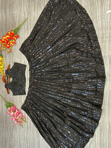 Black Georgette Semi Stitched Lehenga For Women