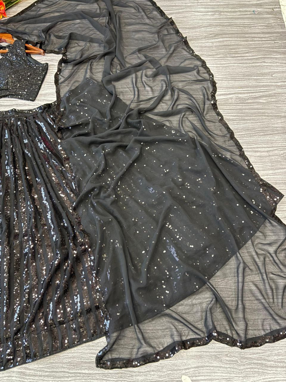 Black Georgette Semi Stitched Lehenga For Women