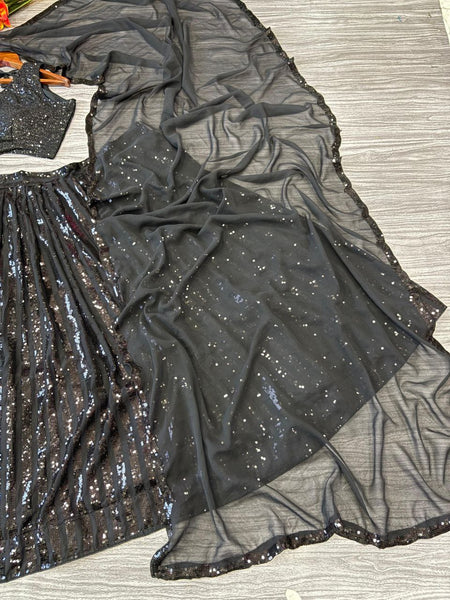 Black Georgette Semi Stitched Lehenga For Women