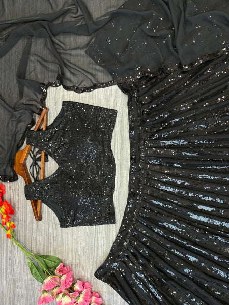 Black Georgette Semi Stitched Lehenga For Women
