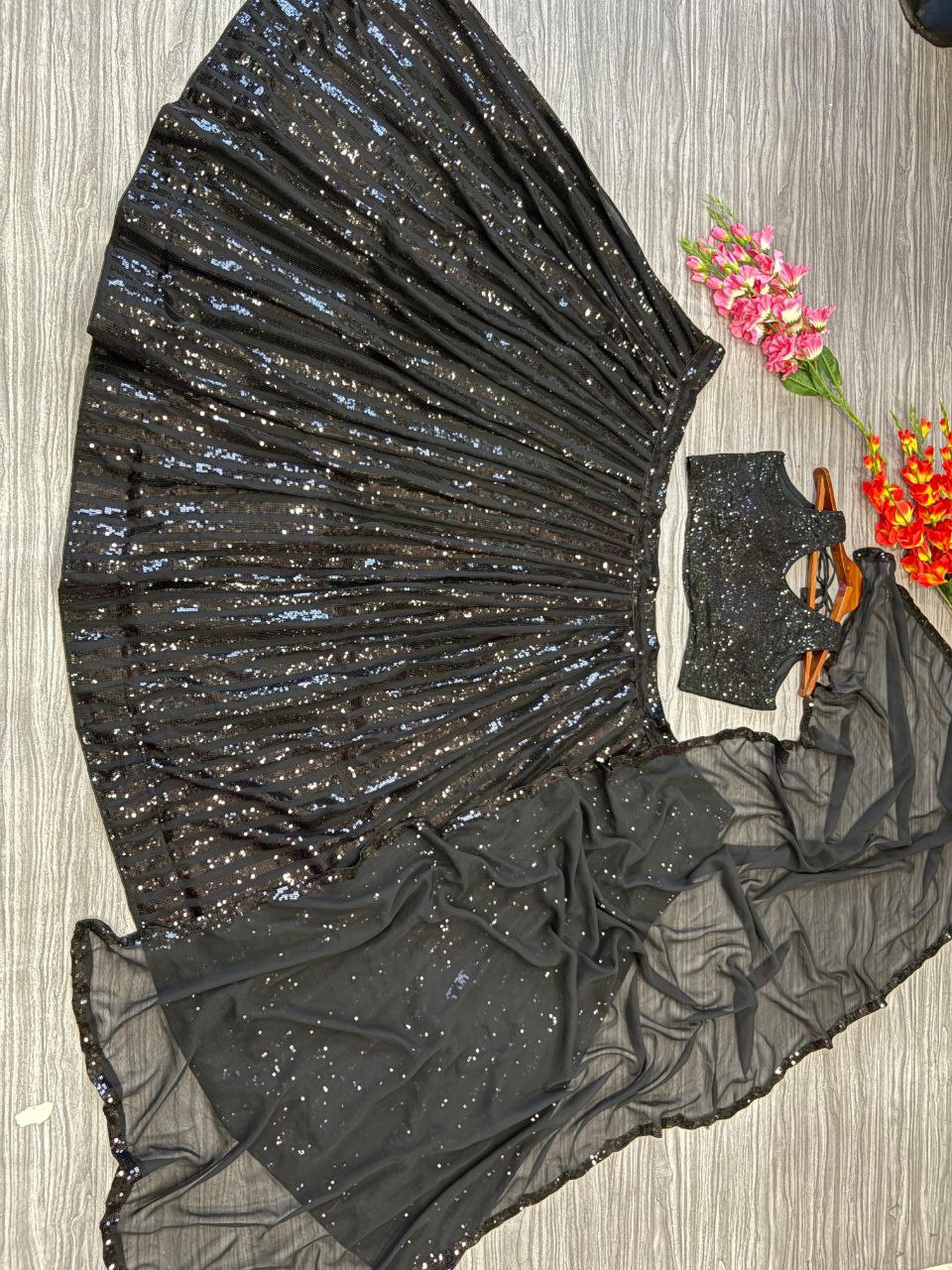 Black Georgette Semi Stitched Lehenga For Women