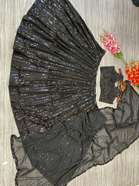 Black Georgette Semi Stitched Lehenga For Women