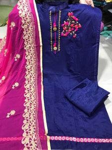 Blue Color Embroidered Work Chanderi Salwar Suit