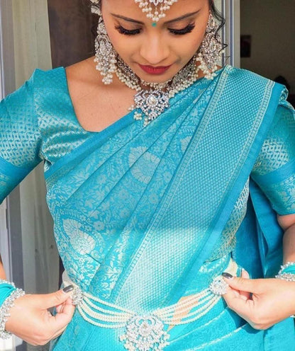 Breathable Blue Color Banarasi soft lichi silk Saree with blouse