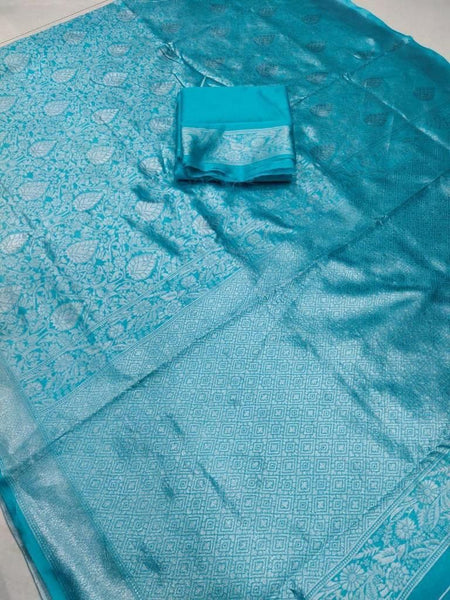 Breathable Blue Color Banarasi soft lichi silk Saree with blouse