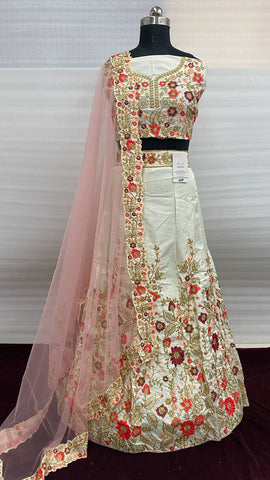 Wedding Wear Cream Color Taffeta Silk Embroidered Work Lehenga Choli