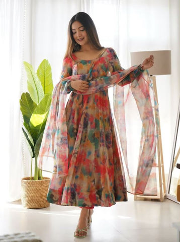 Beautiful Multi Color Organza Casual Anarkali Suit