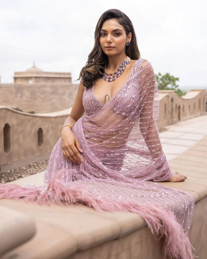 Beautiful Net Designer Embroidered Sequence Saree For Women
