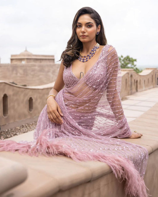 Beautiful Net Designer Embroidered Sequence Saree For Women