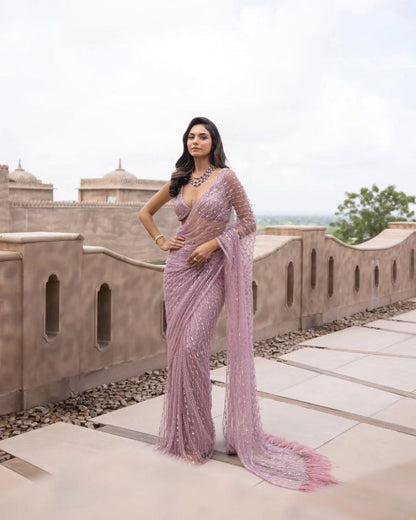 Beautiful Net Designer Embroidered Sequence Saree For Women