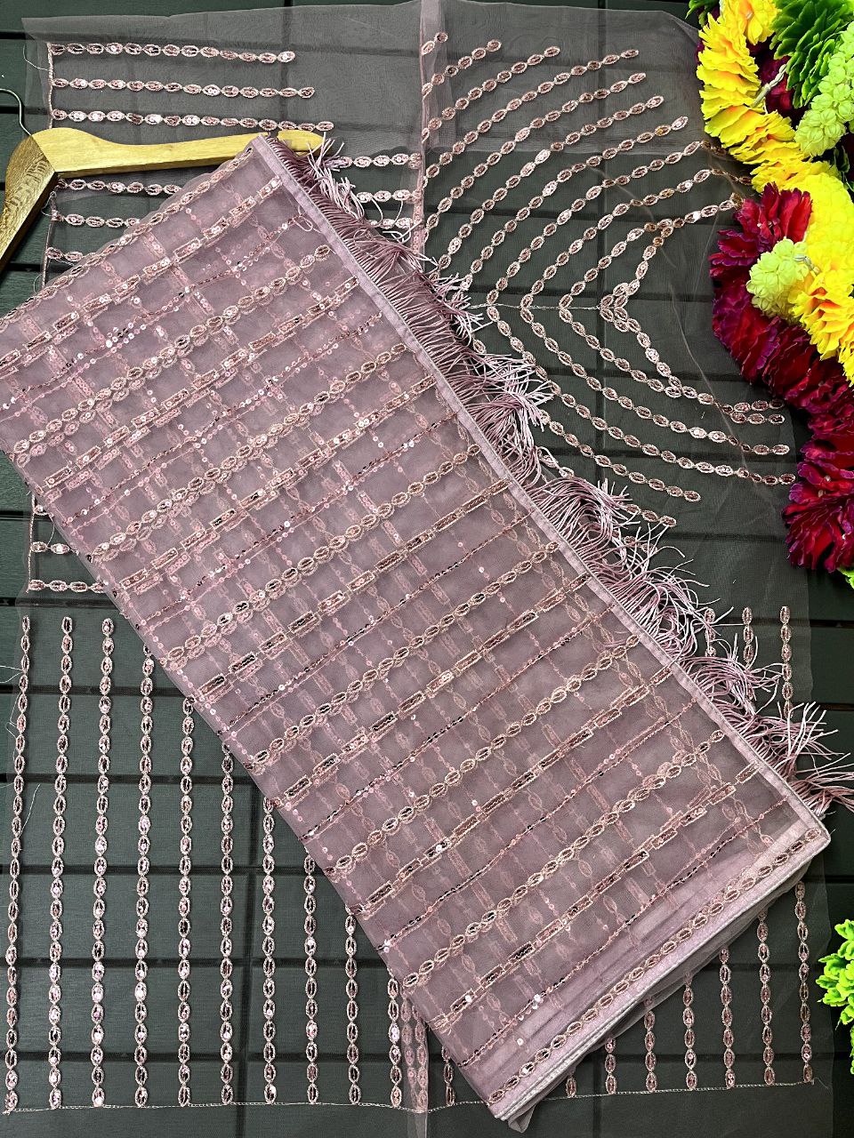 Beautiful Net Designer Embroidered Sequence Saree For Women