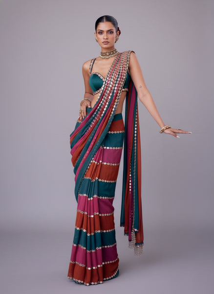 Bollywood Blockbuster: Premium Faux Georgette Saree with Real Mirror Work & Coding Lace