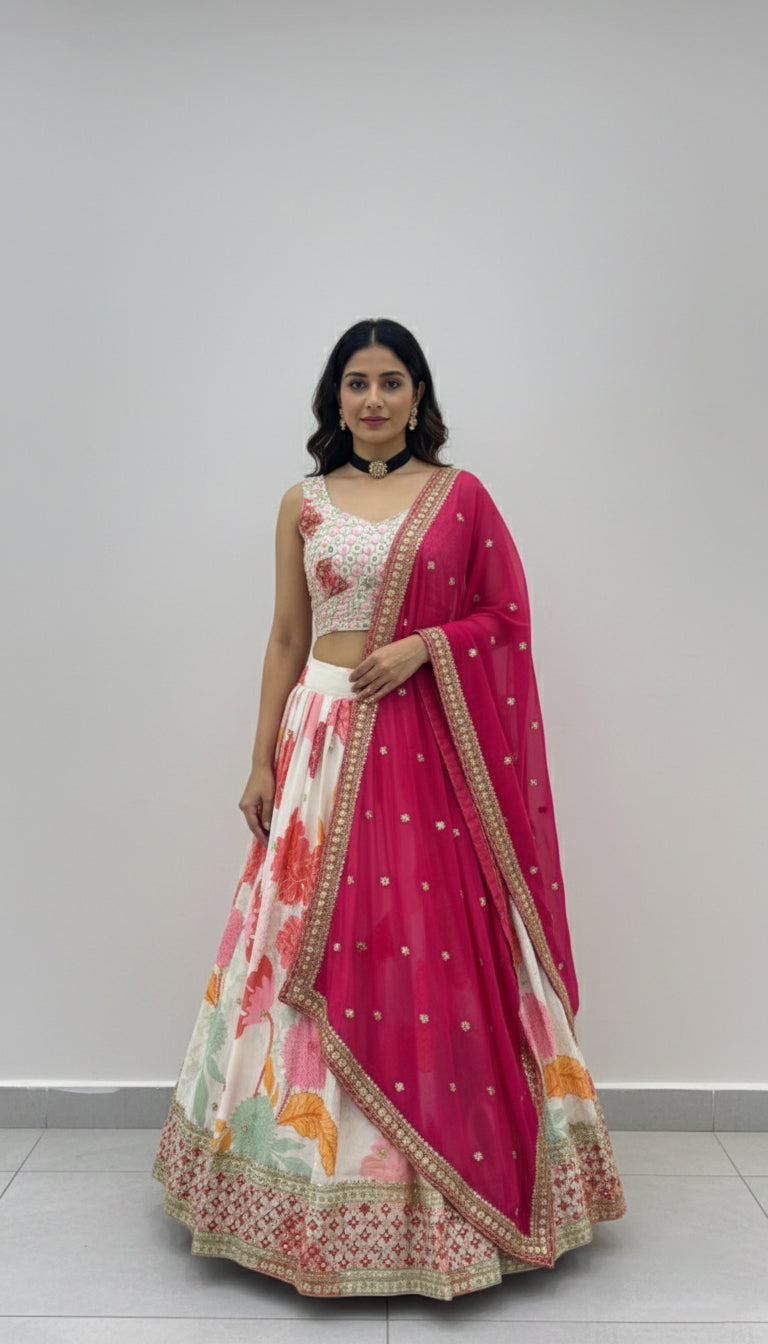 Elegant Chinon Silk Digital Print Lehenga Choli with Sequins Work