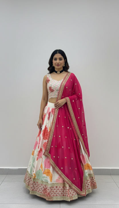 Elegant Chinon Silk Digital Print Lehenga Choli with Sequins Work