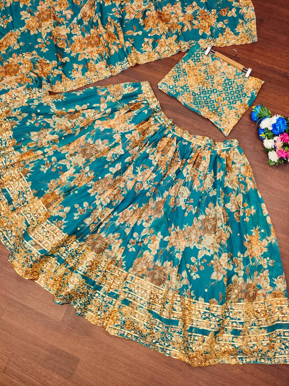 Wedding Wear Organza Printed Zari Sequence Work Lehenga Choli