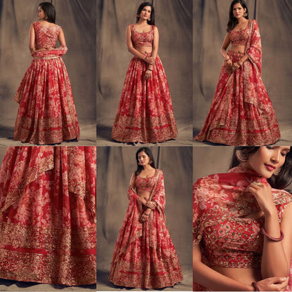 Wedding Wear Organza Printed Zari Sequence Work Lehenga Choli