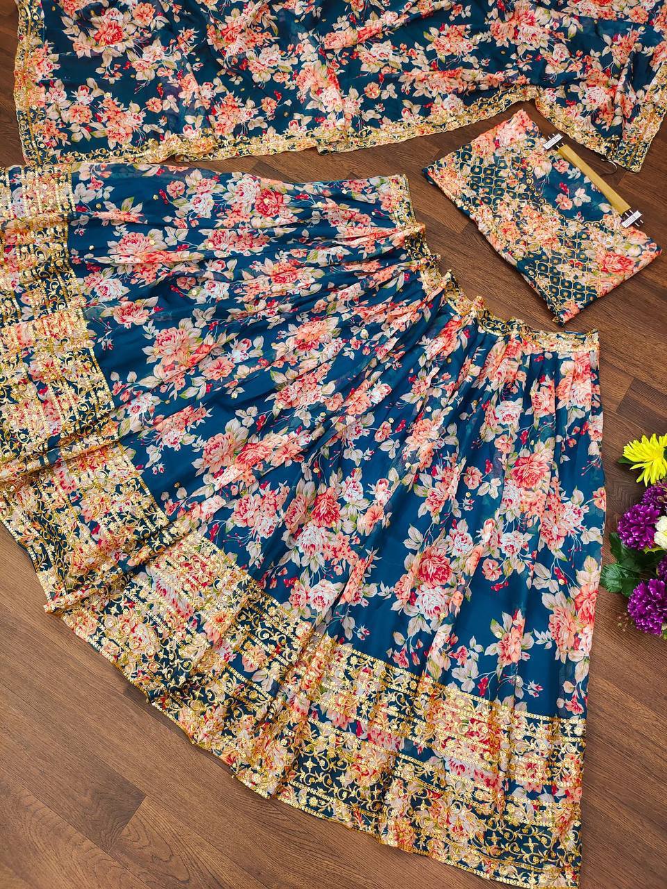 Wedding Wear Organza Printed Zari Sequence Work Lehenga Choli