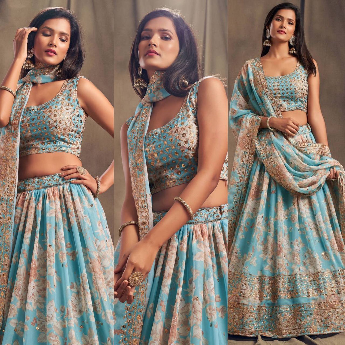 Wedding Wear Organza Printed Zari Sequence Work Lehenga Choli