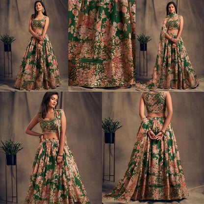 Wedding Wear Organza Printed Zari Sequence Work Lehenga Choli