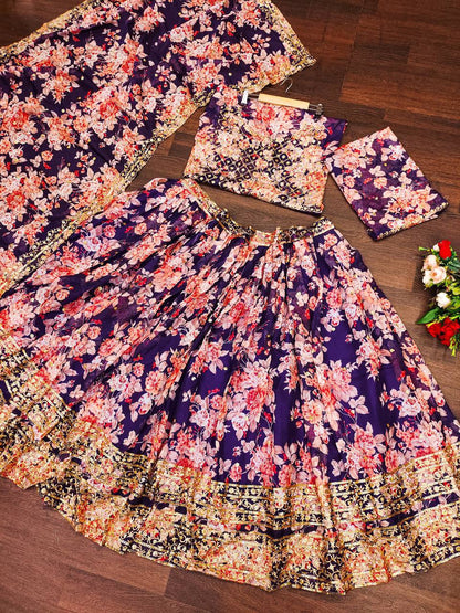 Wedding Wear Organza Printed Zari Sequence Work Lehenga Choli