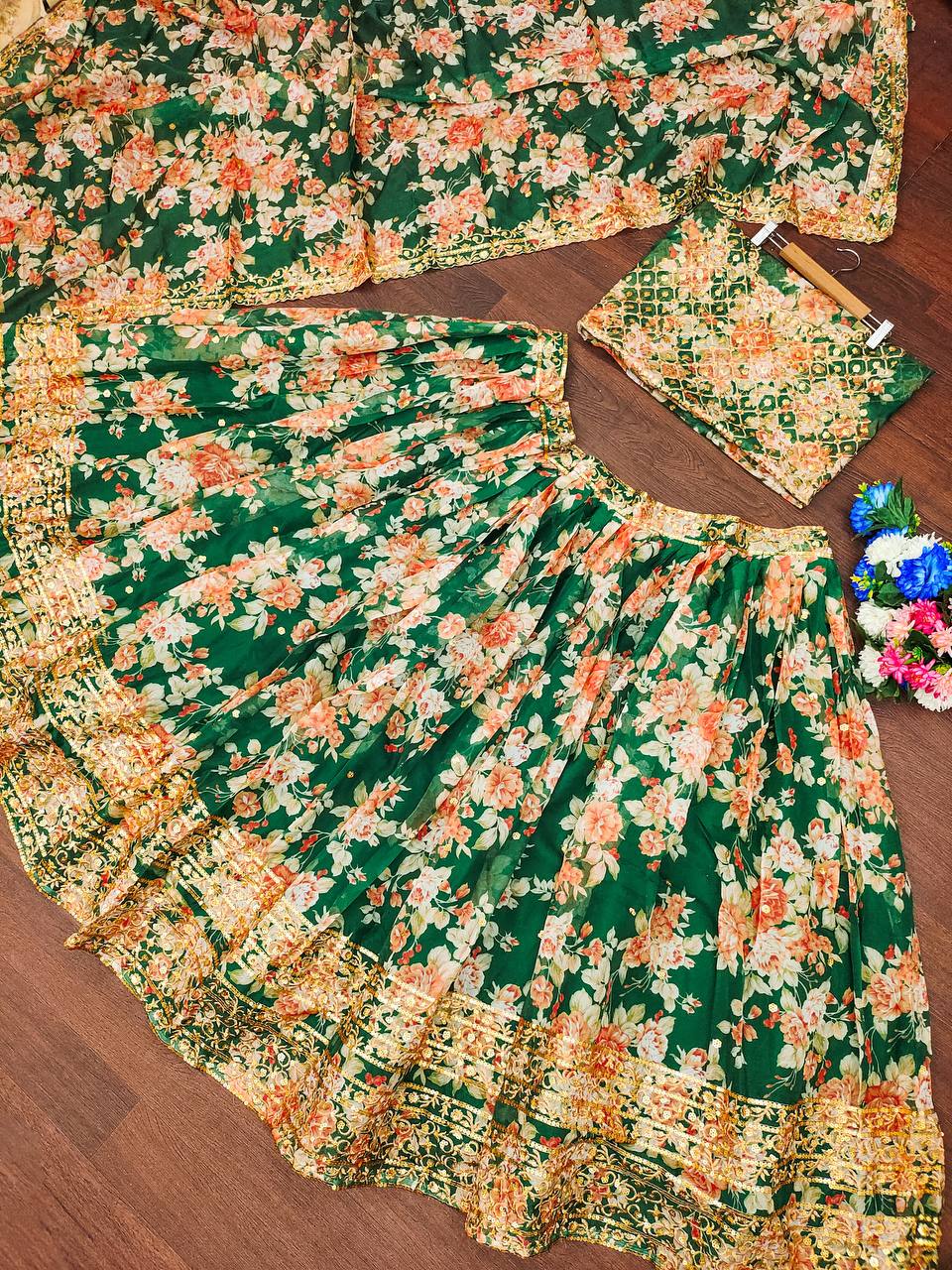 Wedding Wear Organza Printed Zari Sequence Work Lehenga Choli