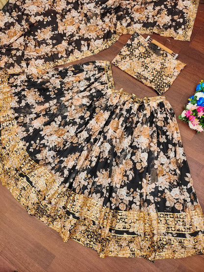 Wedding Wear Organza Printed Zari Sequence Work Lehenga Choli