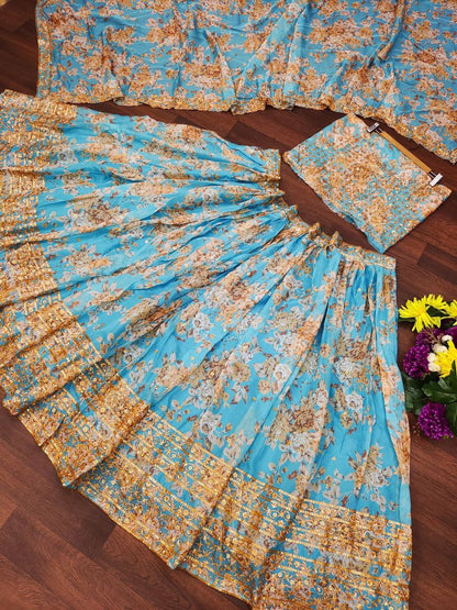 Wedding Wear Organza Printed Zari Sequence Work Lehenga Choli